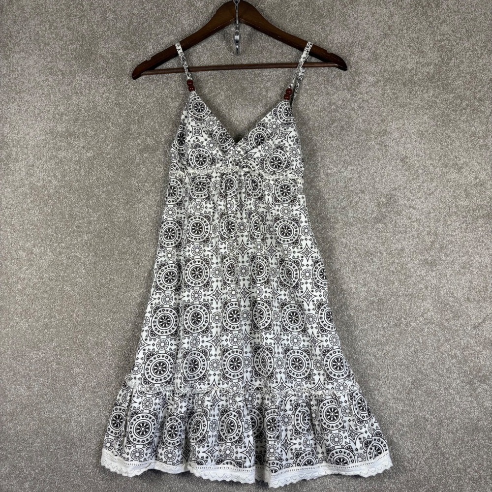 L.E.I. Boho Medallion Print Sun Dress Black White Lace Trim XL